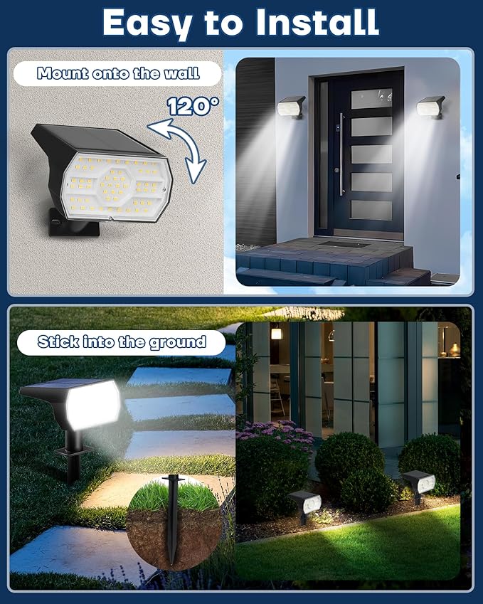 Kaxiida Solar Lights Outdoor Waterproof IP68 3 Lighting Models Solar Powered Spot Lights Outdoor 56LED Light Dusk to Dawn for Yard Patio Garden Pathway Landscape Lighting