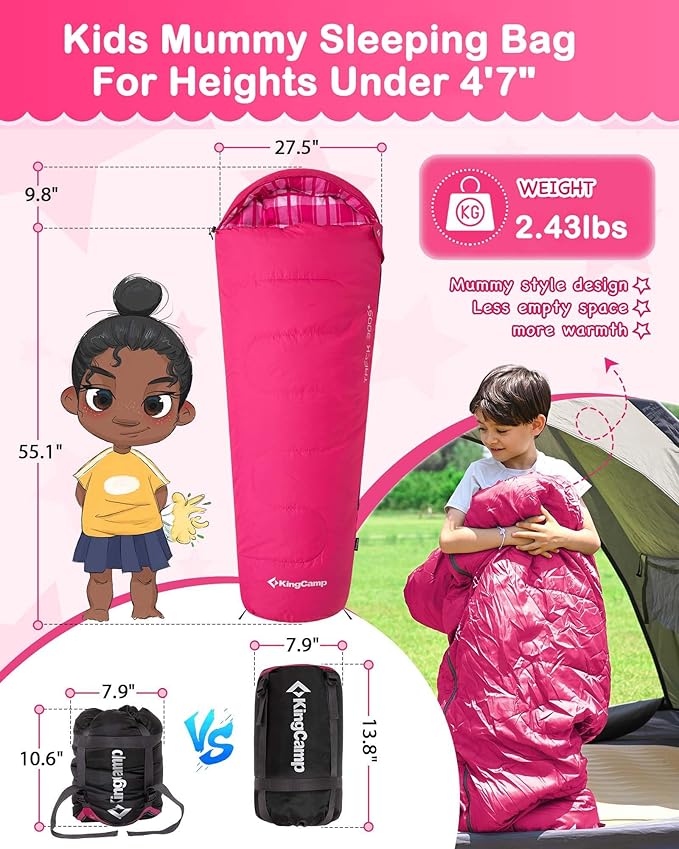 KingCamp 45°F Kids Sleeping Bag Lightweight Waterproof &amp Compact Flannel Sleeping Bags Cold Weather &amp Warm Youth Essentials Gear Accessories for Camping Fits 10-12 Children up to 4'7-5'5 T