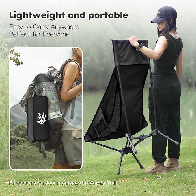 AuroraTrail High Back Folding Camping Chair with Pillow – Lightweight Portable Outdoor Chair with Cup Holder &amp Carry Bag Sturdy Aluminum Frame Supports up to 374 lb for Camping Hiking &amp Fest