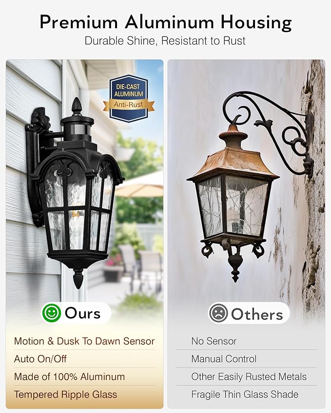 VIANIS Porch Lights Outdoor Motion Sensor Black Dusk to Dawn Outdoor Garage Lighting Fixtures Aluminum Waterproof Outside Sconce Lights with Ripple Glass Coach Light Wall Mount for House Doorway