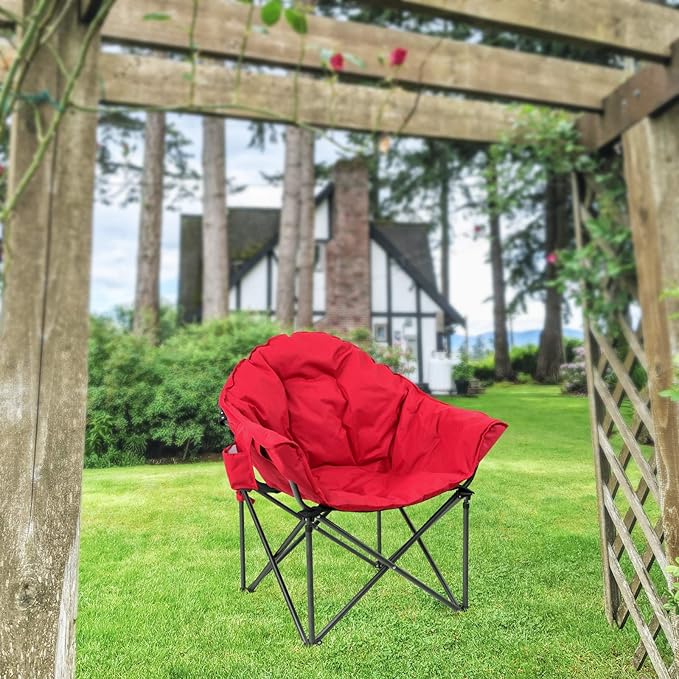LET'S CAMP Heavy-Duty Oversize Camping Chair Round Moon Saucer Chair Padded with Cup Holder and Carry Bag Folding Chair2 PackRed