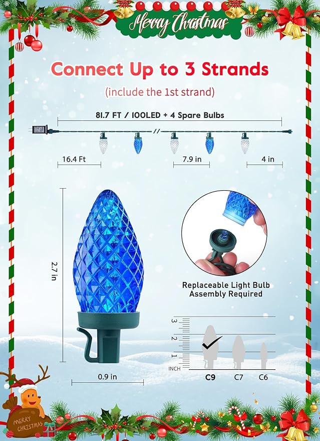 2 Pack C9 LED Christmas String Lights - Each 82ft 100 LED Outdoor String Lights with Timer and 8 Lighting Modes Plug in Extendable Roofline Lights String for Outside Yard Christmas Holiday Decor