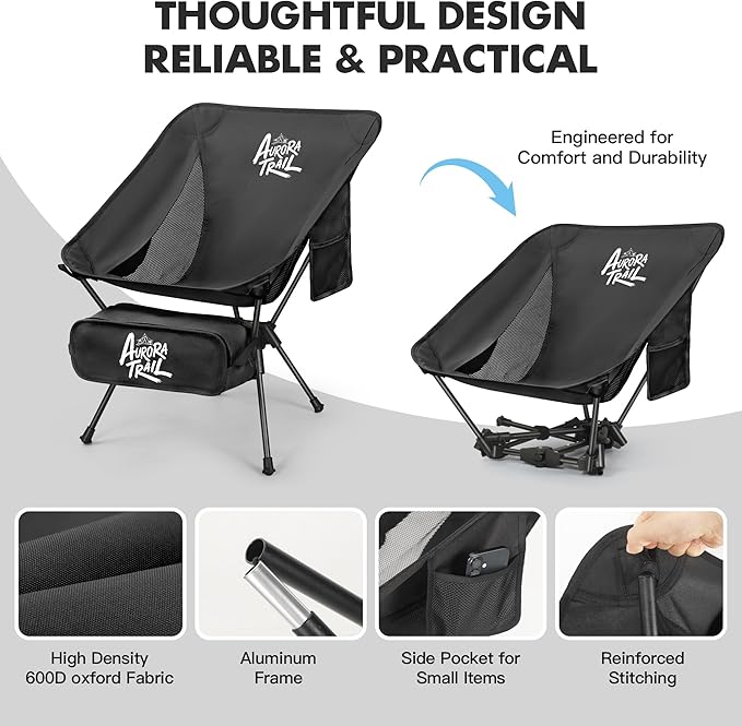 AuroraTrail Ultralight Backpacking Camping Chair – Only 2.7 lb Supports 330 lb Compact Folding Outdoor Seat with Carry Bag 7075 Aluminum Frame for Hiking Camping &amp Festivals (Black)