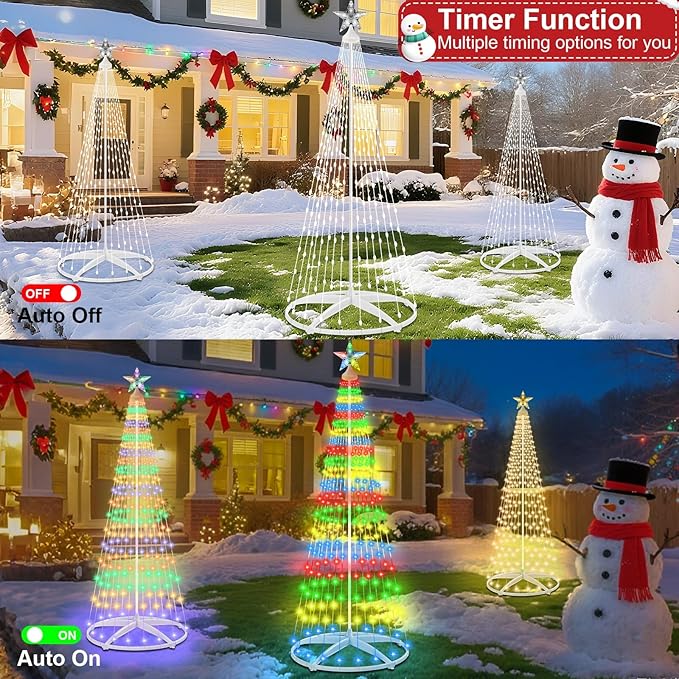 7.5Ft 312 LED Solar Christmas Cone Tree Lights with Star Topper Outdoor Christmas Tree with 11 Modes Timer Remote Dimmable Waterproof for Yard Holiday Christmas Decoration Warm White &amp Multico