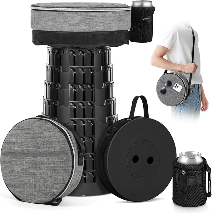 Upgraded Collapsible Stool with Load Capacity 600lbs Stable Folding Stool with Triple Slide Portable Camping Chair 3-in-1 Carry Bag Retractable Telescoping Seat for Travel Hiking(Black)