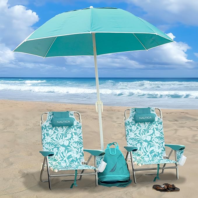 Nautica Backpack Beach Chair – 5 Position Reclining Portable Folding Beach Chair for Adults with Padded Pillow Headrest Insulated Cooler Bag Double Cup Holders Outdoor Folding Chair 300lb