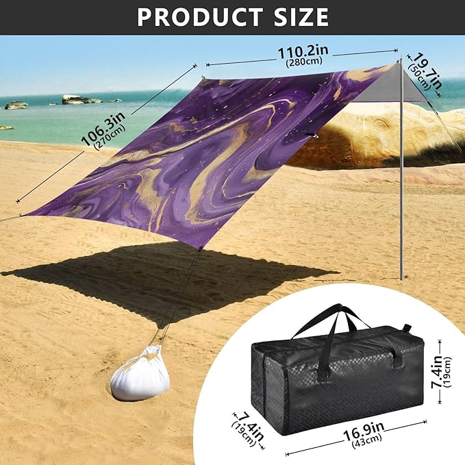 Purple Gold Marble Beach Tent Sun Shelter 9.2' x 10.5' Beach Canopy with 4 Sandbags 4 Stability Poles Sand Shovels - Tent Canopy for Beach Camping Fishing Picnics