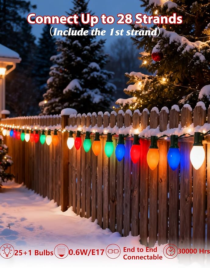 C9 LED Christmas Lights25FT Vintage C9 Multicolor Christmas Lights Outdoor with 26 Colorful Ceramic LED BulbsConnectable Waterproof Light for Outdoor Christmas Decorations Tree Garden Gar