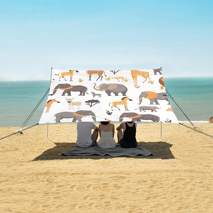 Lion Elephant Camping Sun Shelter Beach Tent Portable Beach Sun Shade Outdoor Canopy for Camping Trips Fishing Picnic