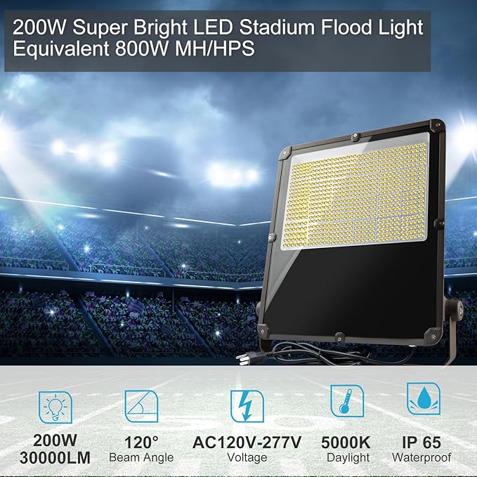 Lightdot 200W Outdoor Flood Lights AC100-277V LED Stadium Lights 30000Lm LED Flood Lights with Photocell IP65 Waterproof Area Lighting for Backyard/Stadium-4Pack 5Yrs Warranty