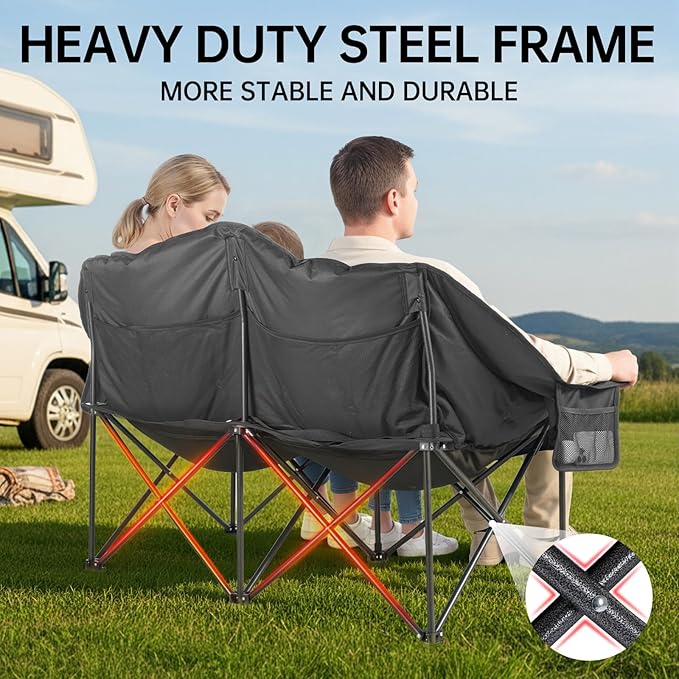 Heavy Duty Double Camping Chair for Adults Oversized 2 Person Camping Loveseat with Thick Padding Folding Outdoor Couch Supports Up to 600 lbs for Family Camping Stargazing Fishing Black &amp Gre