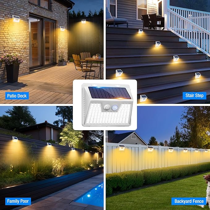 Peasur Solar Lights Outdoor Motion Sensor 12Pack 140LED Waterproof Solar Powered Fence Lights 3 Modes Solar Security Wall Lights for Garden Yard Outside(Warm White)