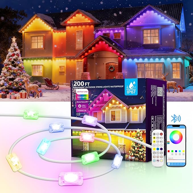 200FT Christmas Permanent Outdoor LightsRGB Eaves Lights with App &amp Remote ControlDIY Multi-Color Scene ModesIP67 WaterproofOutdoor Strings for HouseHoliday Decorations for Christmas
