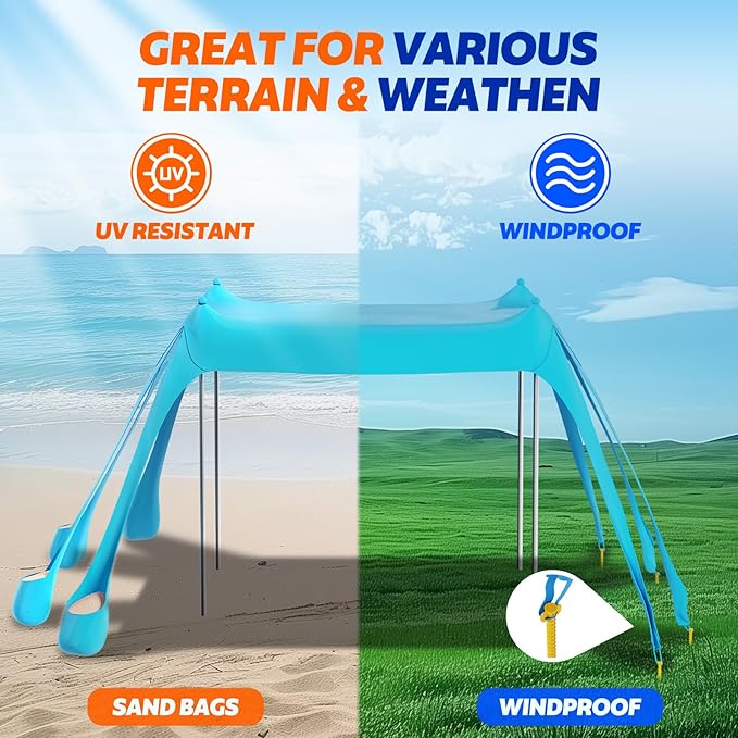 FAHKNS Beach Tent Camping Sun Shade UPF50+ with 8 Sandbags Sand Shovel Ground Spikes and Stabilizer Poles 10x10ft Beach Sunshade Beach Tent for Camping Backyard Entertainment (Light Green)