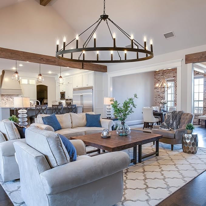 53 Inch Large Black Wagon Wheel Chandelier 18-Light Farmhouse Wagon Wheel Chandeliers Round Industrial Ceiling Light fixtures for Outdoor Porch high Ceilings Living Dining Room Foyer Entryway