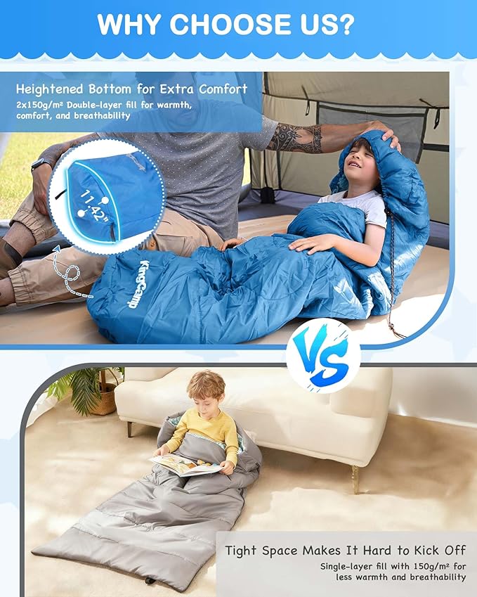 KingCamp 45°F Kids Sleeping Bag Lightweight Waterproof &amp Compact Flannel Sleeping Bags Cold Weather &amp Warm Youth Essentials Gear Accessories for Camping Fits 10-12 Children up to 4'7-5'5 T
