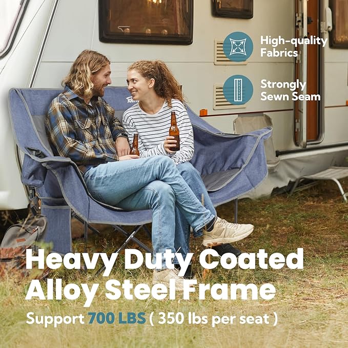 700lbs Capacity Double Camping Chair for 2 Adults - Low-Profile Outdoor Loveseat with XL Cup Holders &amp Storage Pockets Heavy Duty Folding Couch for Camping Lawn Backyard (Navy Blue)