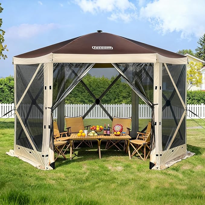 Tecoom 12x12ft 6-Sided Pop Up Gazebo Tent Canopy Shelter Tent with Mesh Windows for Camping Portable Large Shade Tents Removable Siedwalls for Outdoor Garden Lawn and Backyard