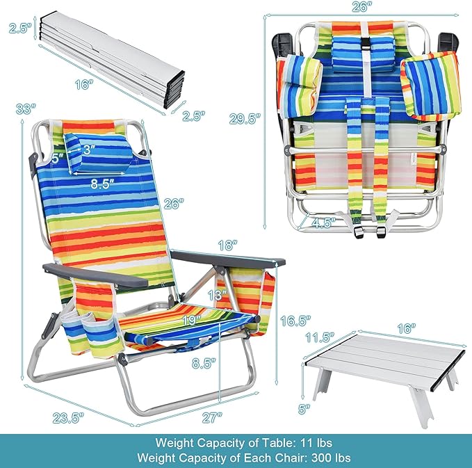 S AFSTAR Folding Beach Chair Set 2 Pack Folding Chair and Aluminum Small Table 5-Position Adjustable Camping Chairs with Ice Bag Comfort Pillow 3 PCS Backpack Recline Beach Chairs (Color Strip)