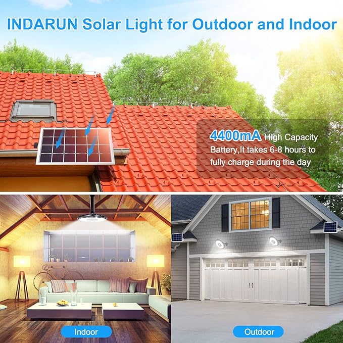 INDARUN Solar Shed Light Indoor Outdoor Solar Motion Lights with 5 Modes Up to 3000LM Waterproof Pendant Barn Lights for Porch Chicken Coop Garage Gazebo Lighting