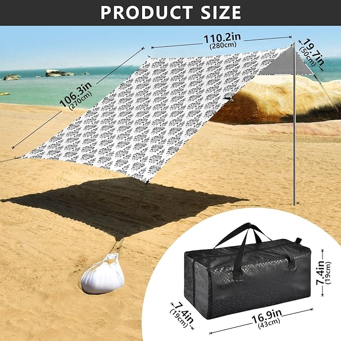 ALAZA Black Damask Floral Beach Tent Sun Shelter UPF50+ Protection Beach Shade Canopy w/ 4 Sandbags for Outdoor Camping Fishing Backyard Fun Picnic 10x9 ft