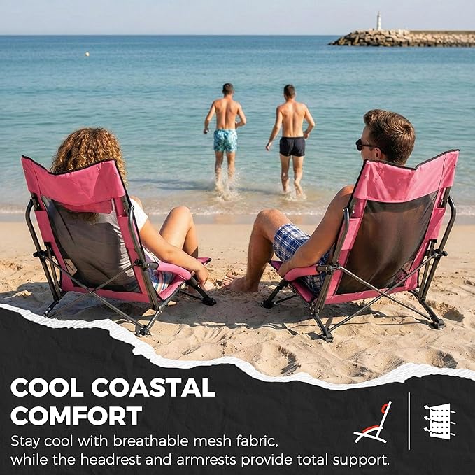 Beach Chair High Back Support Portable Folding Chair for Adults with Head Pillow Shoulder Straps for CampingConcertPicnicSports Events