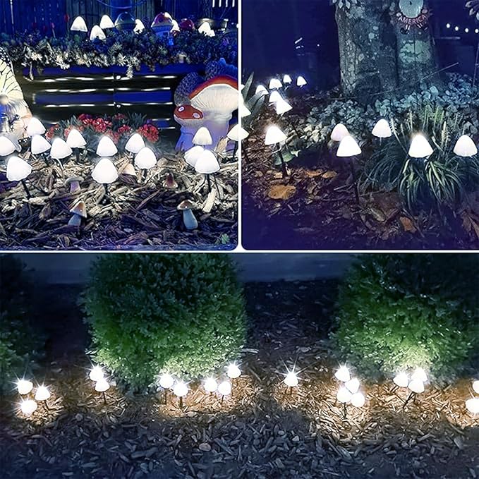 OZS 2PK 32LED 55FT Mushroom Solar Garden Lights Outdoor Solar String Lights Waterproof with 8 Lighting Modes Solar Garden Decor for Outside Pathway Light for Yard Decoration (Cool White)