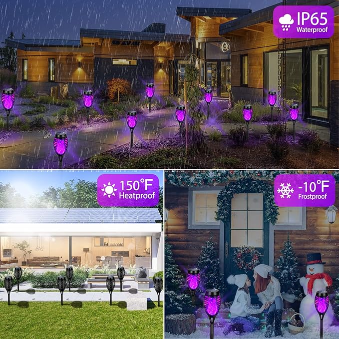 Solar Lights Outdoor Upgraded 12 Pack Purple Solar Torch Light with Flickering Flame Waterproof for Garden Decor Flame Torches for Outside Landscape Porch Yard Pathway Decorations