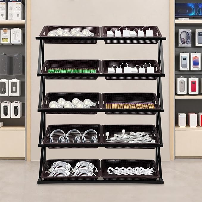 5-Tier Retail Display Rack Market Shelf Snack Rack with Adjustable Feet Supermarket Retail Display Stand with Metal Frame for Home Restaurants and Fruit Stores 47.24x13.78x59.06in