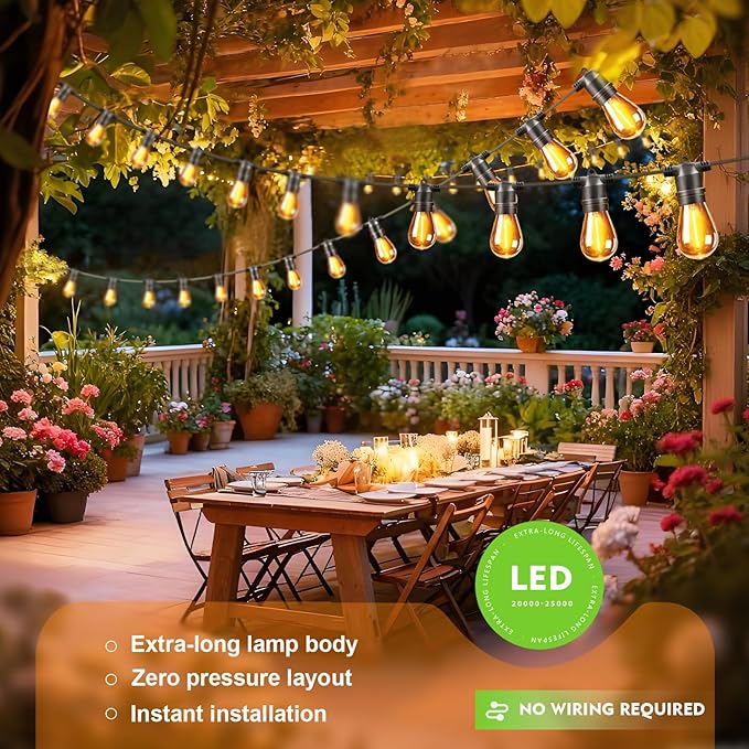 Outdoor Solar String Lights 49FT 15 Shatterproof &amp Waterproof LED Patio Lights with Remote Dimmable &amp Timer Functions 2700K Warm White Commercial Grade Decorative Hanging Lights