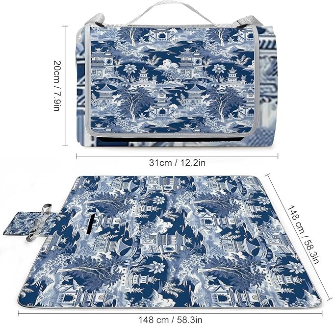 Blue and White Chinese Style Chinoiserie Folk Waterproof Outdoor Picnic Blanket Sandproof Beach Mat for Camping Hiking Grass Travelling