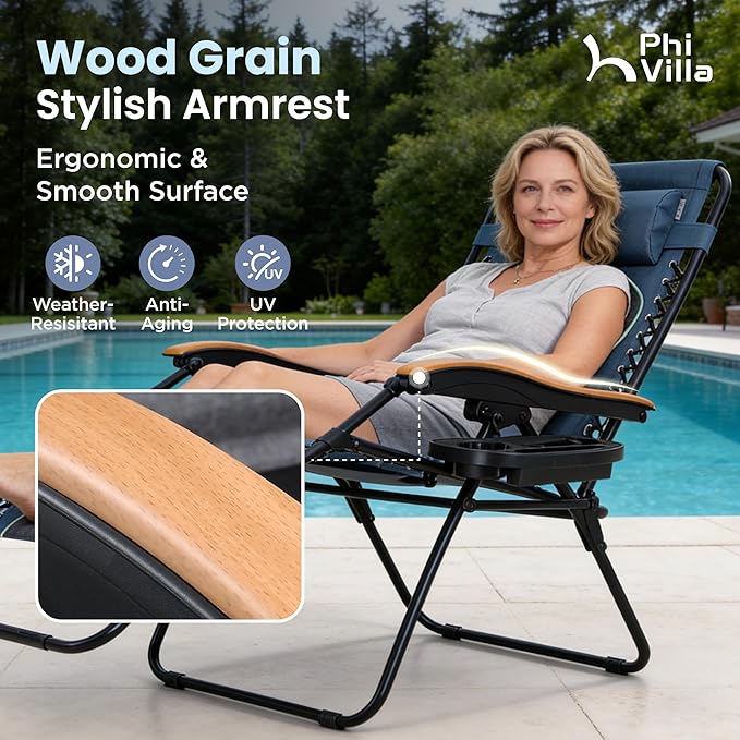 PHI VILLA XXL Oversized Padded Zero Gravity Chair Set of 2 Foldable Patio Recliner 30 Wide Seat Anti Gravity Lounger with Armrest and Cup Holder Support 400 LBS (Blue Accents)