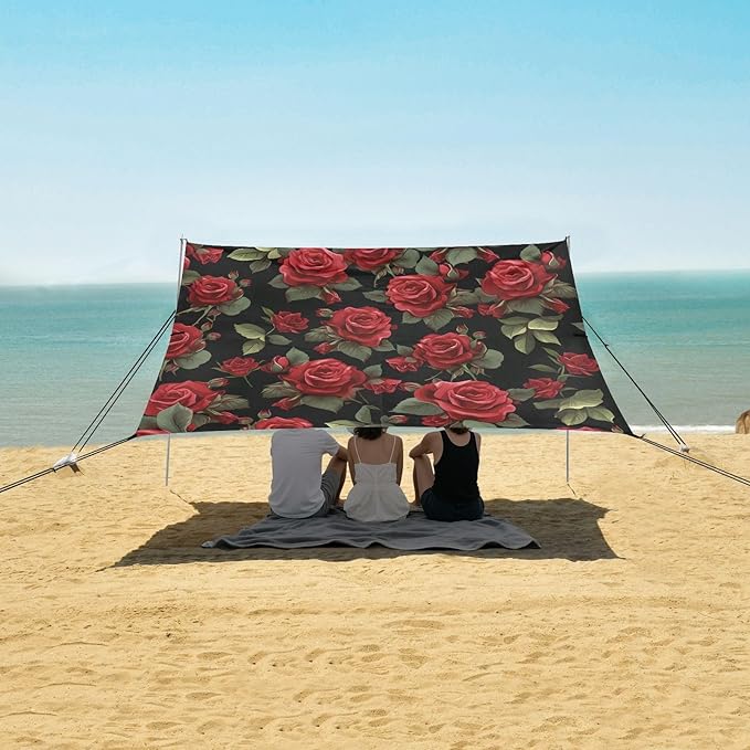ALAZA Vintage Rose Flowers Floral Beach Tent Sun Shelter UPF50+ Protection Beach Shade Canopy w/ 4 Sandbags for Outdoor Camping Fishing Backyard Fun Picnic 10x9 ft