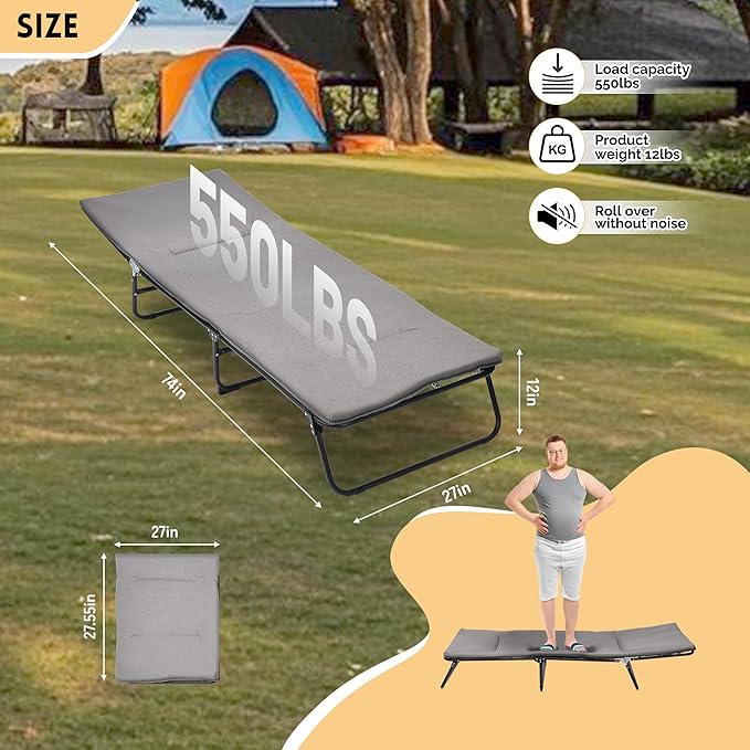 Folding Camping Cot for Adults 5-Angle Adjustable Camping Cot Heavy Duty Outdoor Bed with Carry Bag1200 D Layer Oxford Travel Camp Cots (Grey)