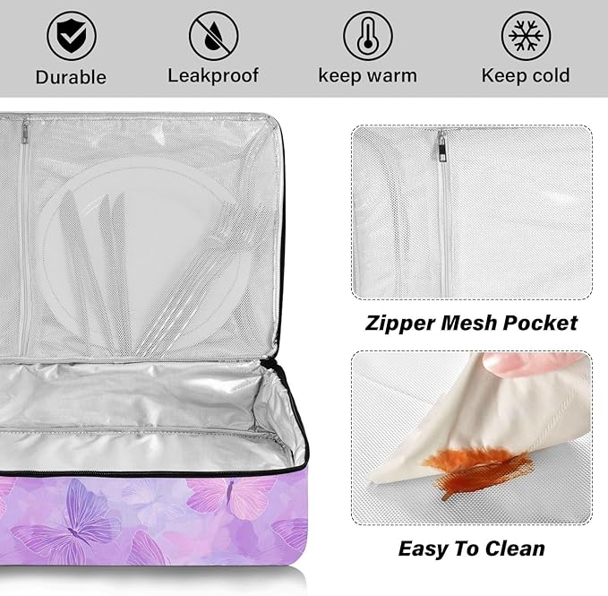 Casserole Carrier Cute Pattern Butterfly PurpleInsulated Casserole Carrier for Hot or Cold Food Thermal Lunch Tote for Potluck Parties Picnic Beach Fits 9 x 13 Inches Baking Dish