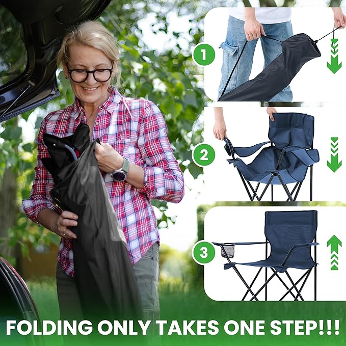 2 Pack Portable Camping Chairs Folding Lawn Chair Outdoor Lightweight Beach Chair with Cup Holder &amp Carry Bag for Outside Sports Fishing Hiking Travel Picnic Backyard Navy Blue