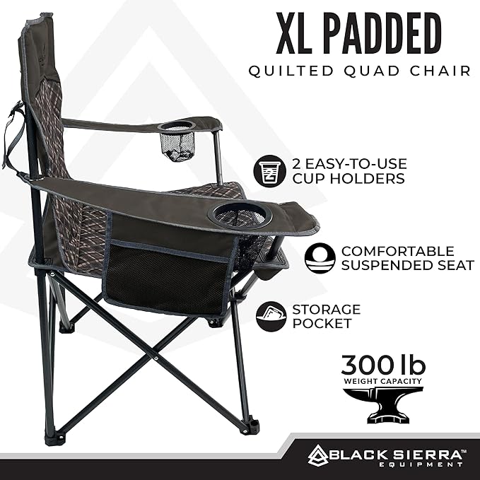 Black Sierra Oversized Camping Folding Chair Heavy Duty Outdoor Seat Supports 300 lbs with Steel Frame Collapsible Quilted Padded Plaid Camp Bag Chair for Tailgating Sports Games Patio