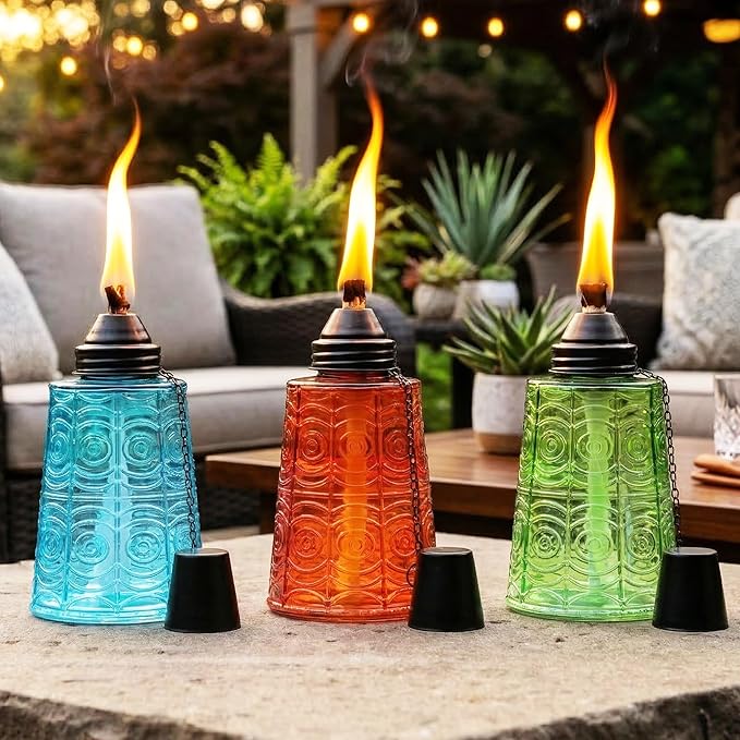 Seraphic Citronella Table Top Torches for Outdoor Patio 16oz Decorative Glass Torch Citronella Candles for Outside Deck Garden Parties Set of 3 Blue/Amber/Green
