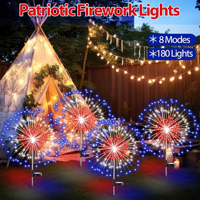 4th of July Decorations Outdoor 4 Pack Colored Solar Firework Lights with 180 LED Patriotic Solar Lights 8 Lighting Modes for Yard Pathway Garden Patio Party Decorations(Red White Blue)