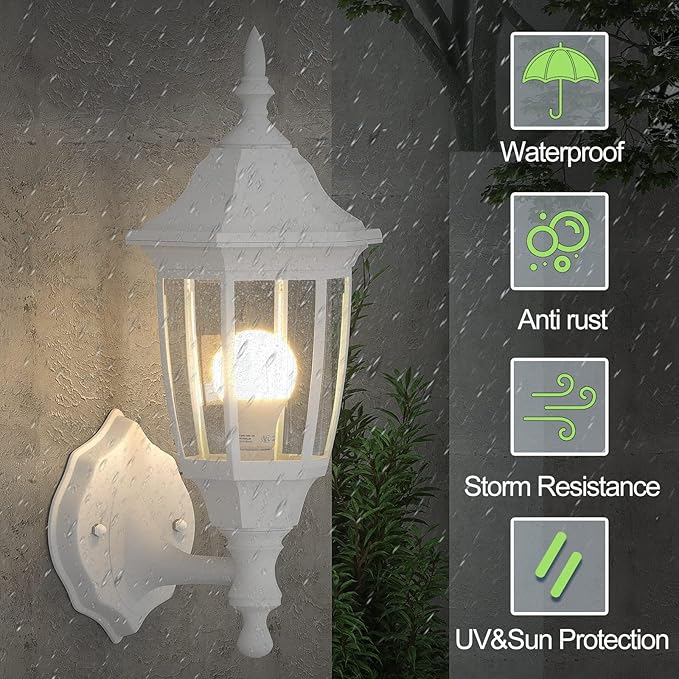 EMART Dusk to Dawn Plastic Outdoor Wall Light Fixtures with Bulbs Waterproof and Anti-Corrosion Porch Sconces Exterior Lanterns Wall Mount Lamp for Outside Garage Front Door Patio 2 Pack White
