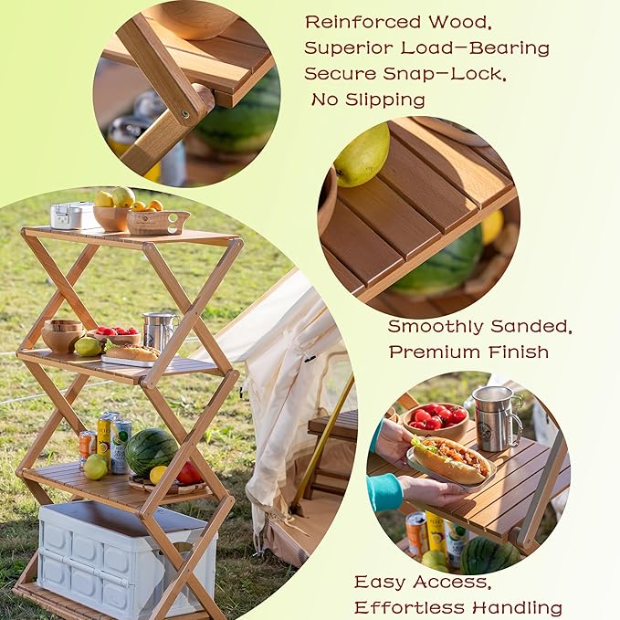 4-Tier Shelf - Transforms into a Camping Table Portable Beechwood Storage Rack for Indoor Outdoor Camping &amp Multi-Purpose Use