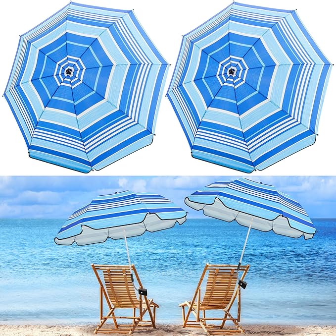 Buryeah 2 Pcs Automatic Chair Umbrella with Universal Clamp 44 UPF 50+ Portable Clamp on Beach Chair Adjustable Wheelchair Umbrella for Outdoor Patio Parasol