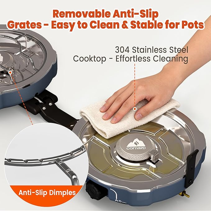 20000 BTUs 2 Burner Propane Camping Stove Portable Folding Camp Stove with Adjustable Burners Built-in Ignition and Carrying Bag Dual Gas Stoves for Tailgating Camping BBQ Overland Grey