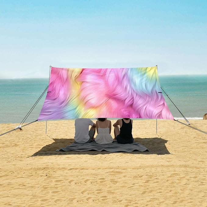 Rainbow Furry Texture Beach Tent Sun Shelter 9.2' x 10.5' Beach Canopy with 4 Sandbags 4 Stability Poles Sand Shovels - Tent Canopy for Beach Camping Fishing Picnics
