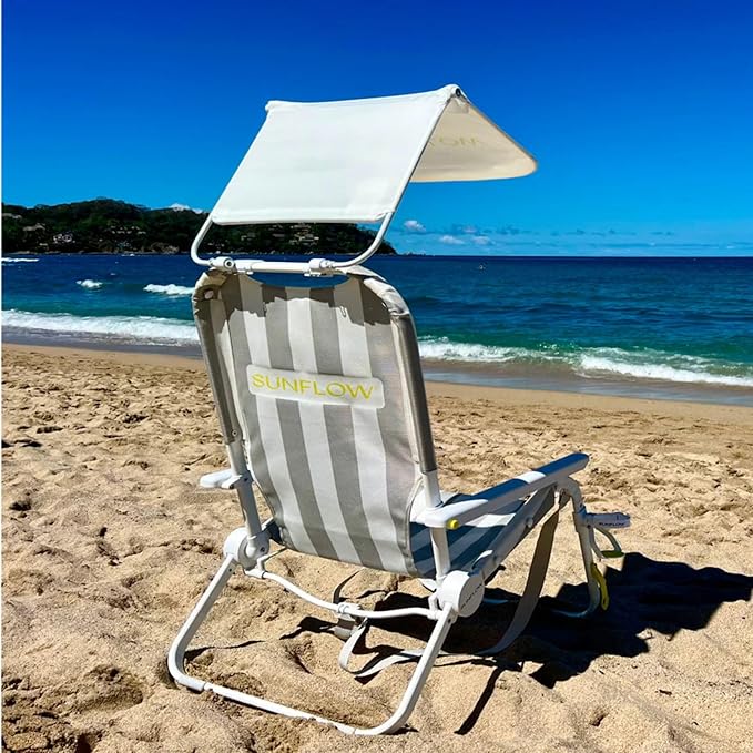 SUNFLOW Shore Thing Premium Beach Chair - Adjustable Portable Rust-Resistant Reclining Beach Chair with UPF 50+ Sun Shade and Drink Holder for The Ultimate in Comfort (Oyster Gray Stripe)