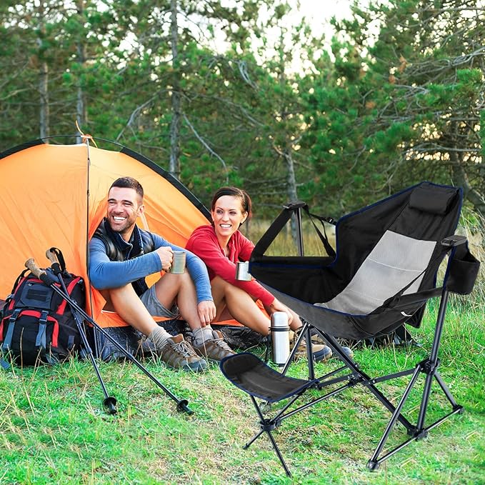HAPPYGRILL Hammock Camping Chair Folding Camping Swinging Chair with Retractable Footrest Cozy Head Pillow Carrying Bag Portable Lightweight Rocking Chair for Camping Fishing Picnic