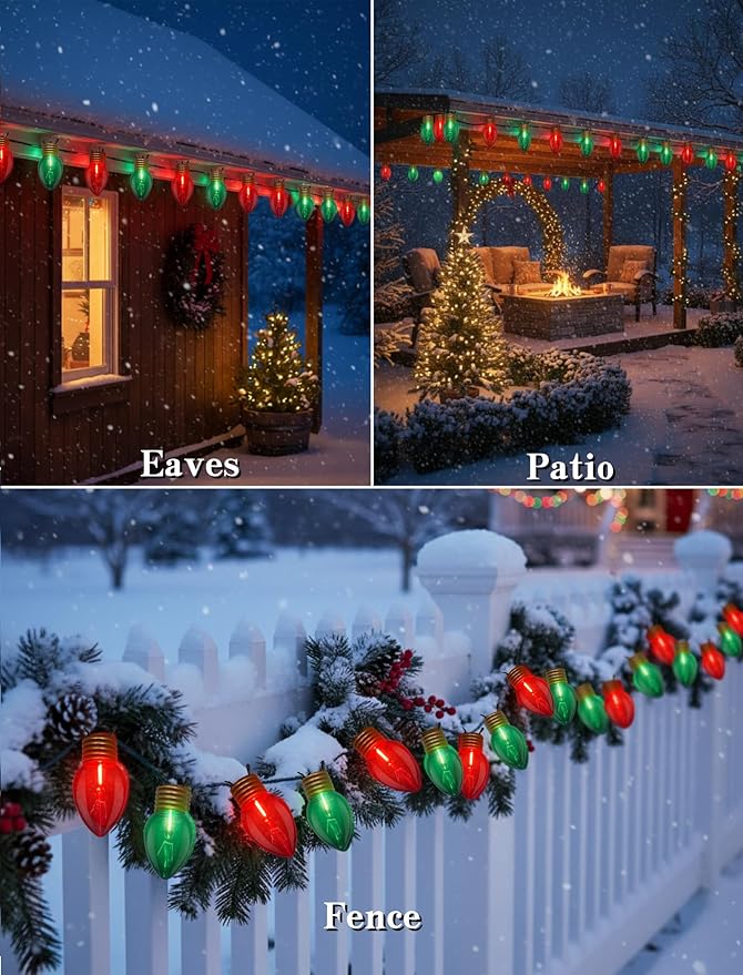 16FT Jumbo Red and Greeen Christmas LightsOutdoor Giant Christmas Decorations Lights with 10 LED Clear Red and Greeen Bulbs for Tree Holiday Home Roof Yard Garden Decorations
