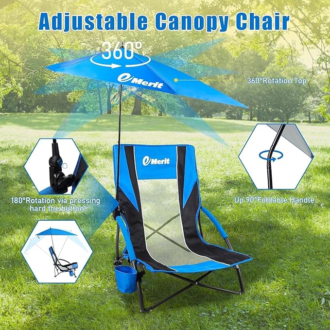 EMERIT Low Beach Chairs for Adults Sling Beach Chair with Umberalla Folding Backpack Camping Chair with Cup Holder