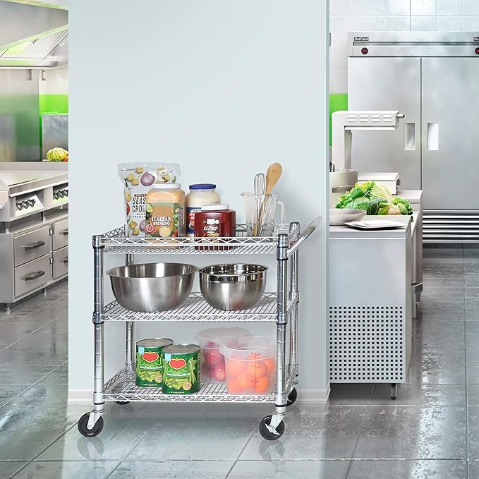 Seville Classics UltraDurable NSF Commercial Heavy Duty Metal Rolling Utility Cart Handle Bar for Restaurant Garage Warehouse Kitchen Office Deep Top Basket (34.8W x 18.25D)
