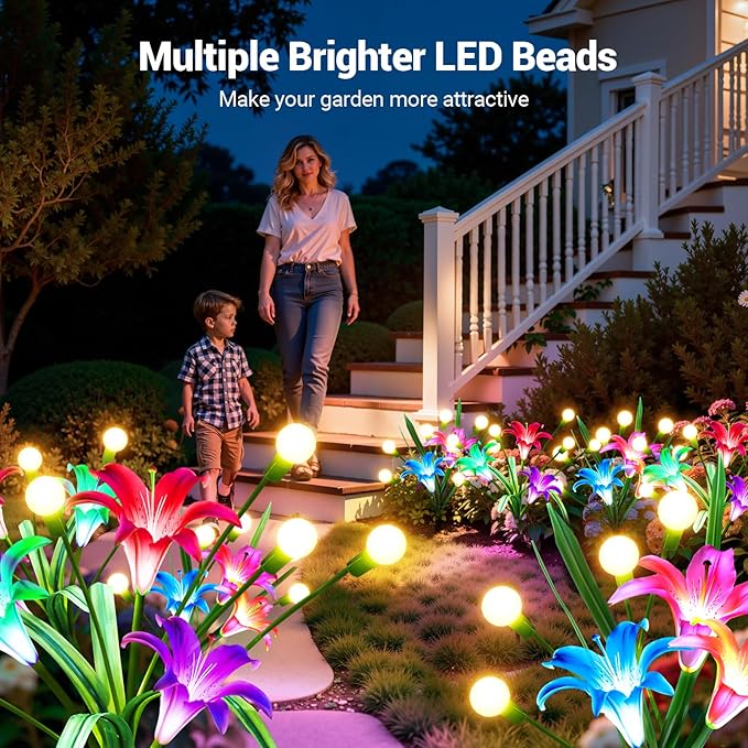 WdtPro Upgraded Solar Garden Lights Outdoor: 4 Pack Solar Firefly Swaying Light with Colorful LED Lily Flower Waterproof Garden Decor for Yard Patio Pathway Lawn Gifts for Women (2 Rosy+2 Purple)
